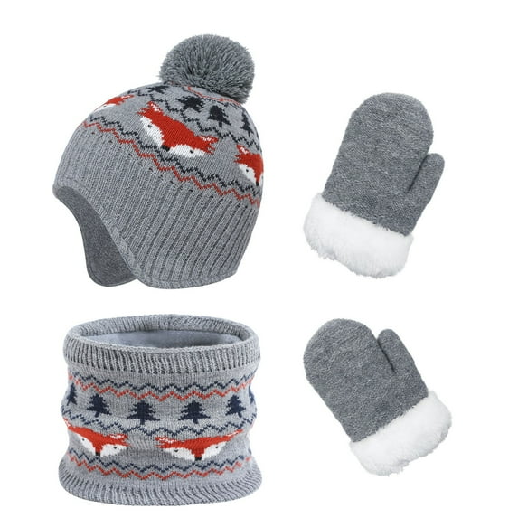 VNKIDY Kids Caps Children Boys Girls 3 Piece Winter Set Thickened Print Knitted Heat Retention Windproof Hat Neck Warp Gloves Set For Cold Weather Cute Headwear