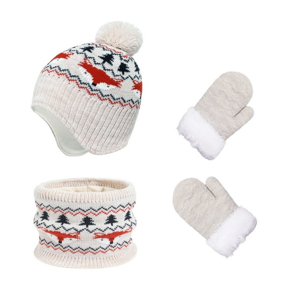VNKIDY Kids Caps Children Boys Girls 3 Piece Winter Set Thickened Print Knitted Heat Retention Windproof Hat Neck Warp Gloves Set For Cold Weather Fashionable Headwear