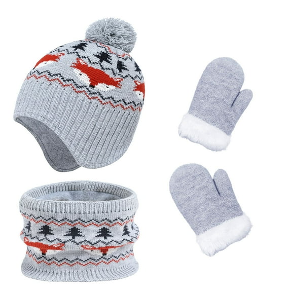 VNKIDY Kids Caps Children Boys Girls 3 Piece Winter Set Thickened Print Knitted Slip Heat Retention Windproof Hat Neck Warp Gloves Set For Cold Weather Lovely Headwear