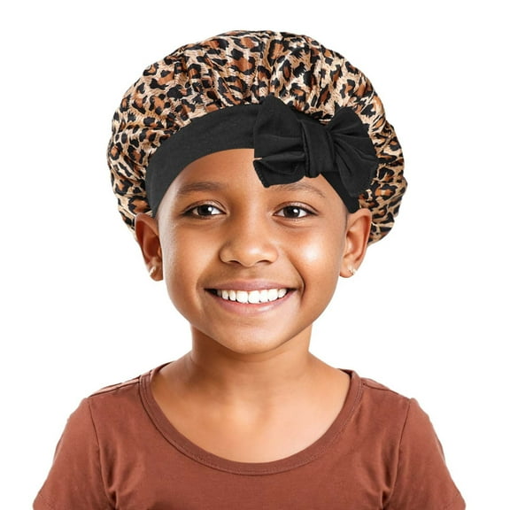 VNKIDY Kids Caps Children Boys Girls Satin Bonnet With Leopard Print Black Bow Accent Cute Functional Hair Accessory For Hair Protection Casual Headwear
