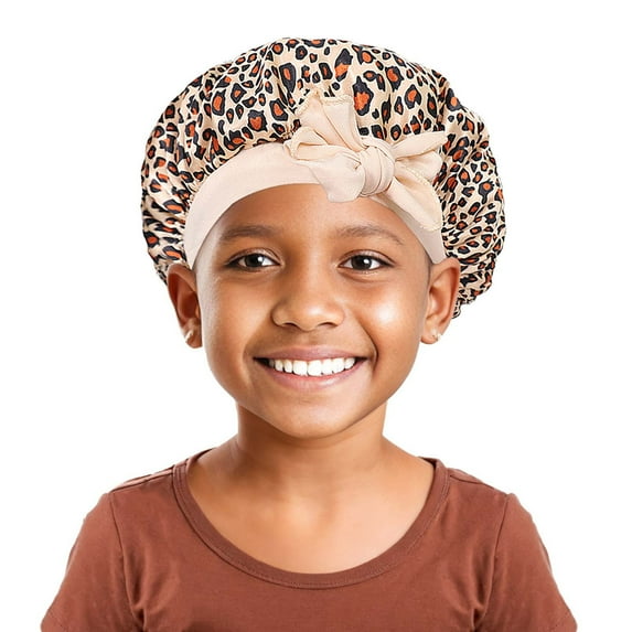 VNKIDY Kids Caps Children Boys Girls Satin Bonnet With Leopard Print Black Bow Accent Cute Functional Hair Accessory For Hair Protection Soft Headwear