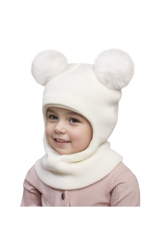 Kids Caps Children Winter Knitted Hat Warm Solid Color Full Face Cover Neck Gaiter Cozy Beanie Hood With Cute Pom For Boys Girls Casual Headwear
