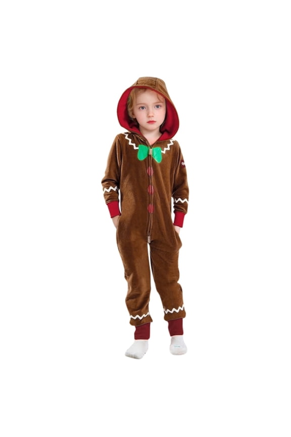 Kids Christmas Family Matching Brown Gingerbread Man Onesie With Hood Long Sleeve Soft Jumpsuit For Holiday Celebrations Festive Homewear Trendy Onesie