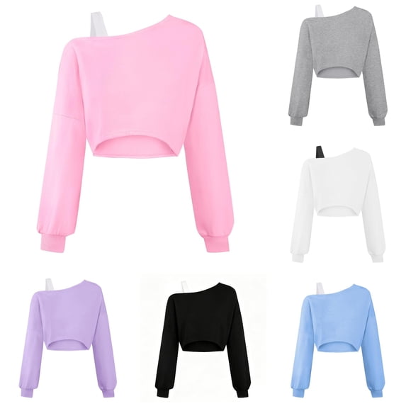 VNKIDY Kids Girls Asymmetric One Shoulder Solid Color Long Sleeve Cropped Sweatshirt Soft Street Fashion Casual Pullover Tops For Child Casual Tops Pink 13-14 Years