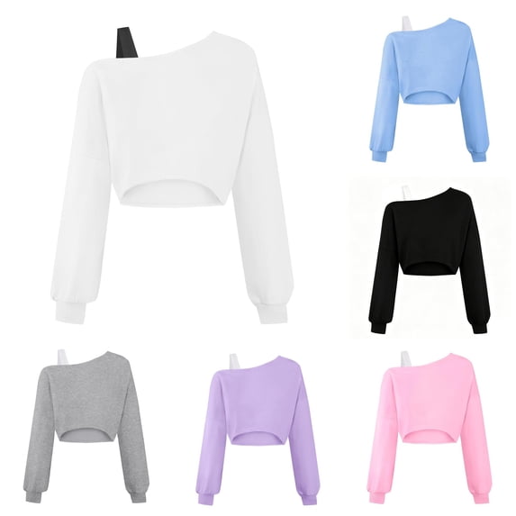 VNKIDY Kids Girls Asymmetric One Shoulder Solid Color Long Sleeve Cropped Sweatshirt Soft Street Fashion Casual Pullover Tops For Child Trendy Tops White 15-16 Years