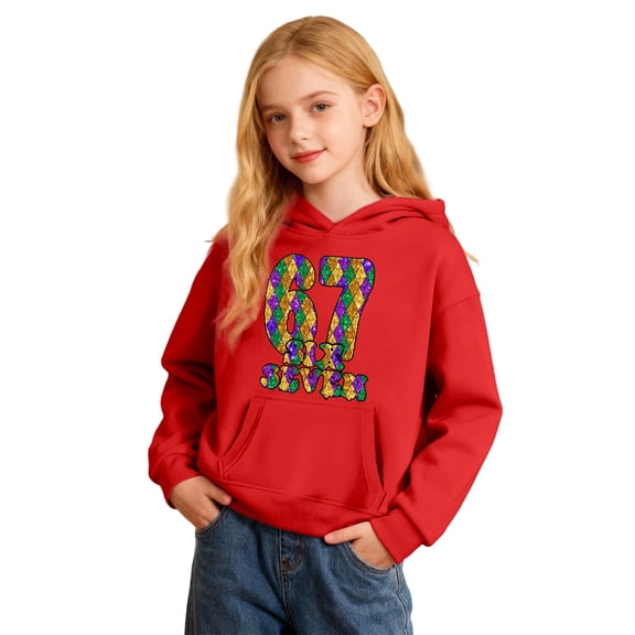 VNKIDY Kids Girls Carnival Letter Print Hooded Sweatshirt Loose Fit Long Sleeve Soft Pullover With Pockets For Casual Daily Playful Comfort Casual Top