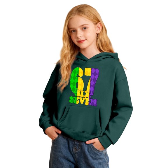 VNKIDY Kids Girls Carnival Letter Print Sweatshirt Long Sleeve Hooded Loose Fit Pullover With Pockets For Playful Comfortable Casual Wear Casual Top