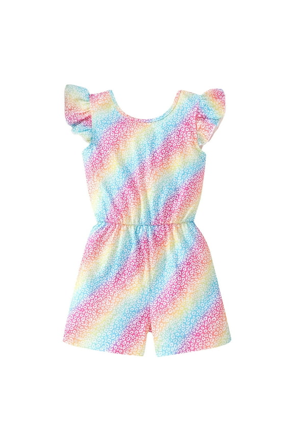 Kids Girls Rainbow Tie Dye Jumpsuit Floral Print Ruffle Sleeve Crewneck Romper With Elastic Waist Short Legs For Summer Daily Wear 2-3 Years Pink