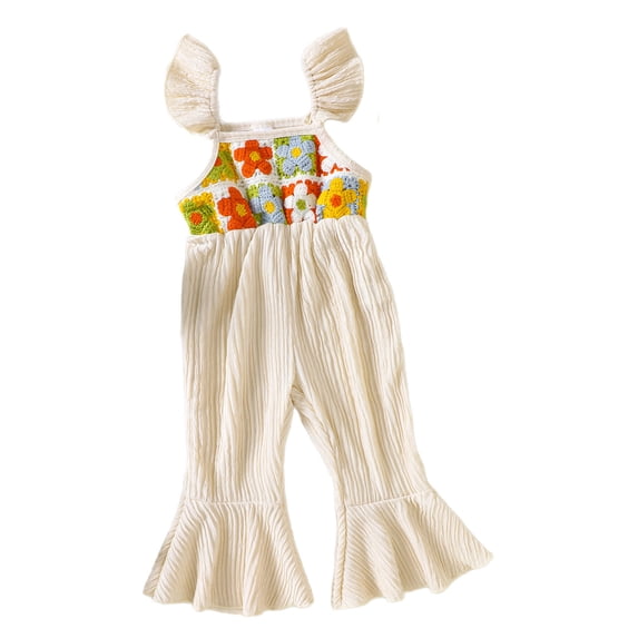VNKIDY Kids Girls Summer Jumpsuit Overalls Crochet Flower Ruffled Hem Lightweight Flared Fit Overalls For Spring Summer Daily Wear Beige 2-3 Years