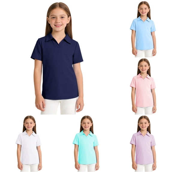 VNKIDY Kids Girls V Cut Polo Collar Solid Color Plain Short Sleeve Quick Dry Polo Shirt School Uniform Breathable Rugby Tops For Child Stylish Tops Dark Blue 7-8 Years