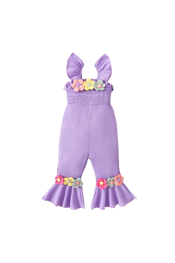 Kids Girls Waffle Knit Jumpsuit Sleeveless Ruffle Strap Romper With 3D Flower Appliques Flared Hem For Summer Daily Wear Purple 2-3 Years