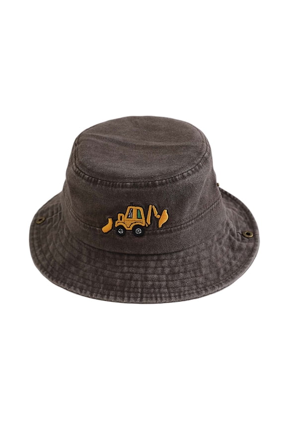 Kids Hats Children Stylish Solid Color Bucket Durable Fabric Hat With Cute Embroidered Excavator Design For Boys Girls Casual Daily Wear Stylish Headwear