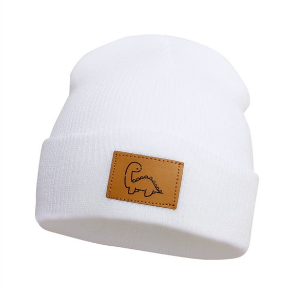 VNKIDY Kids Hats Children Winter Beanie Hat Warm Knitted Plush Cap Adorable Dinosaur Leather Patch Skiing Cold Weather For Boys Girls Cozy Headwear