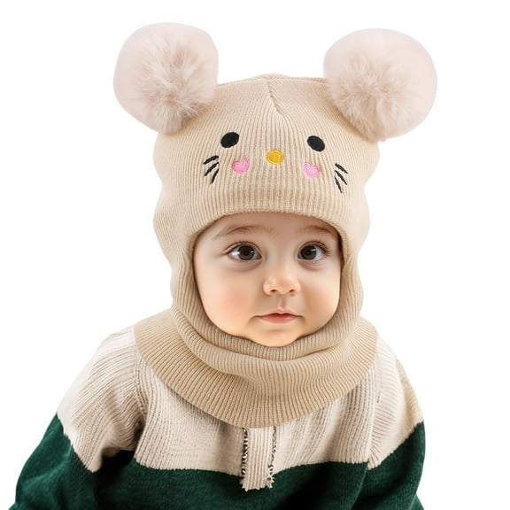 VNKIDY Kids Hats Winter Adorable Knitted Children Hat With Cute Animal Face Design Fluffy Pom Attached Scarf Warm Winter Accessory For Cold Weather Classic Headwear