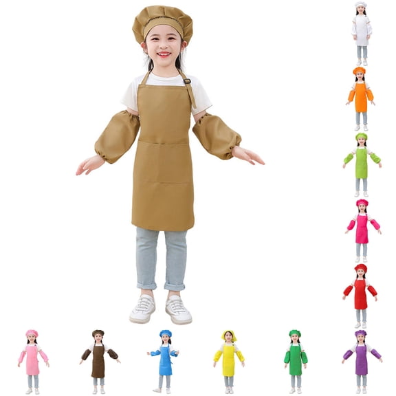VNKIDY Kids Sling Neck Solid Color Pocket Apron Loose Long Oversleeve Matching Chef Hat 3 Piece Cooking Play Set For Toddler Children Soft Top 6-9 Years