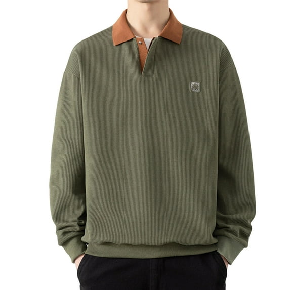 VNKIDY Men Collar Neck Pullover Sweatshirt Long Sleeve Casual Crewneck Thermal Knit Tops Fall Winter Comfort Wear Male Solid Color Autumn Streetwear Trendy