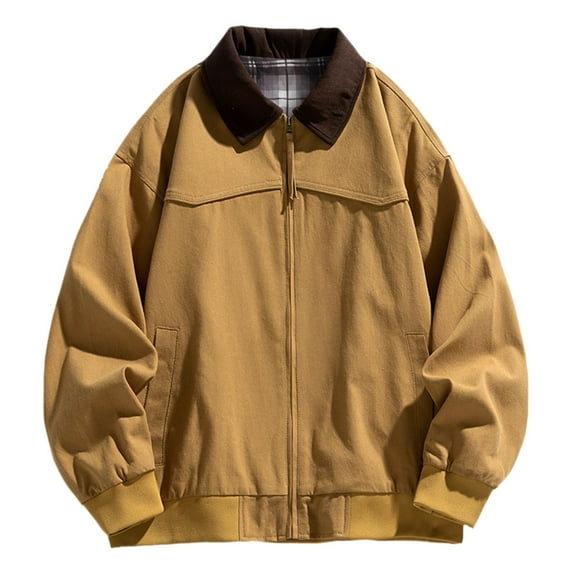 VNKIDY Men Jackets Retro Long Sleeve Solid Color Overcoat Jacket Zipper Loose Fit Lapel Coat With Pockets For Daily Wear Casual Outwear