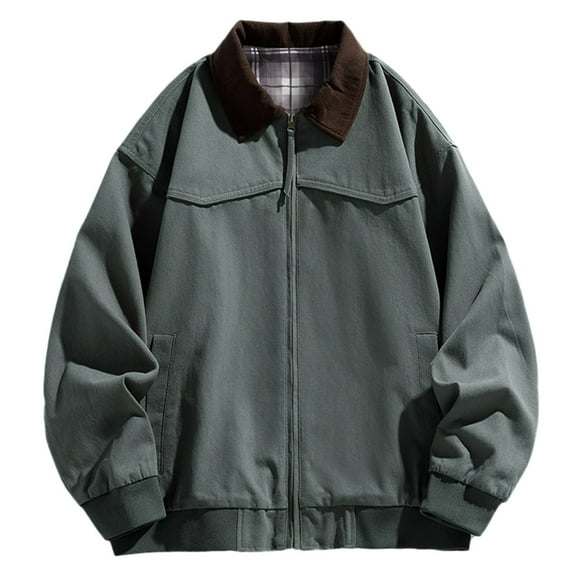 VNKIDY Men Jackets Retro Long Sleeve Solid Color Overcoat Jacket Zipper Loose Fit Lapel Coat With Pockets For Daily Wear Leisure Outwear