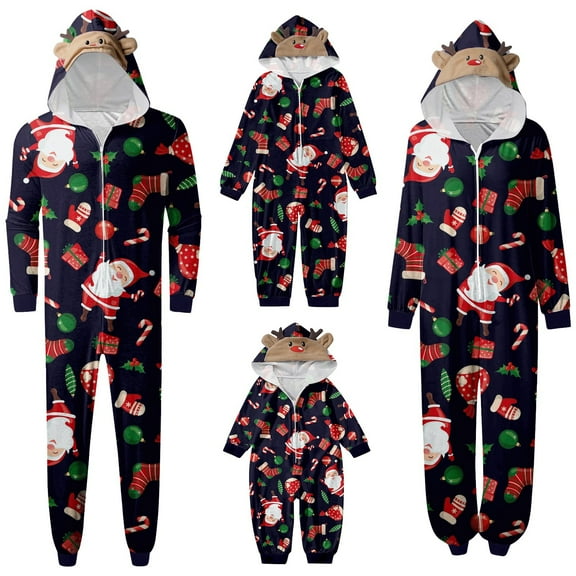 VNKIDY Men Men Family Pajamas Xmas Print Hooded Homewear Long Sleeve Hooded Zip Up Romper Sleepear For Home Wear Soft Pjs