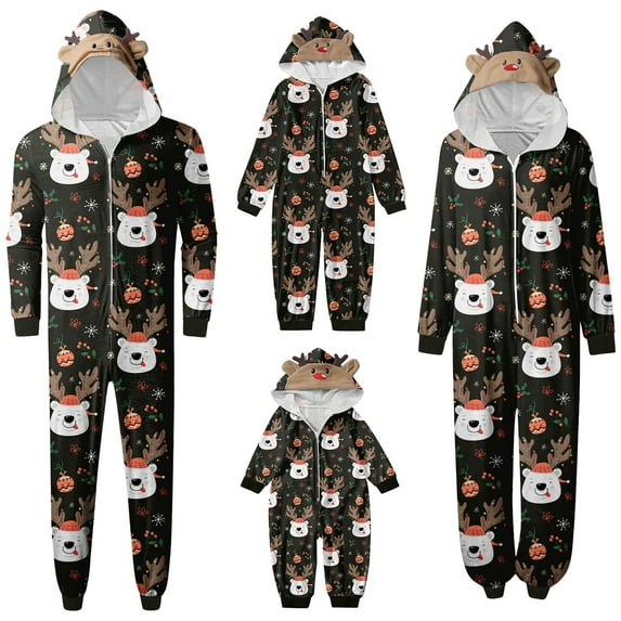 VNKIDY Men Men Family Pajamas Xmas Print Hooded Homewear Long Sleeve Hooded Zip Up Romper Sleepear For Home Wear Stylish Pjs