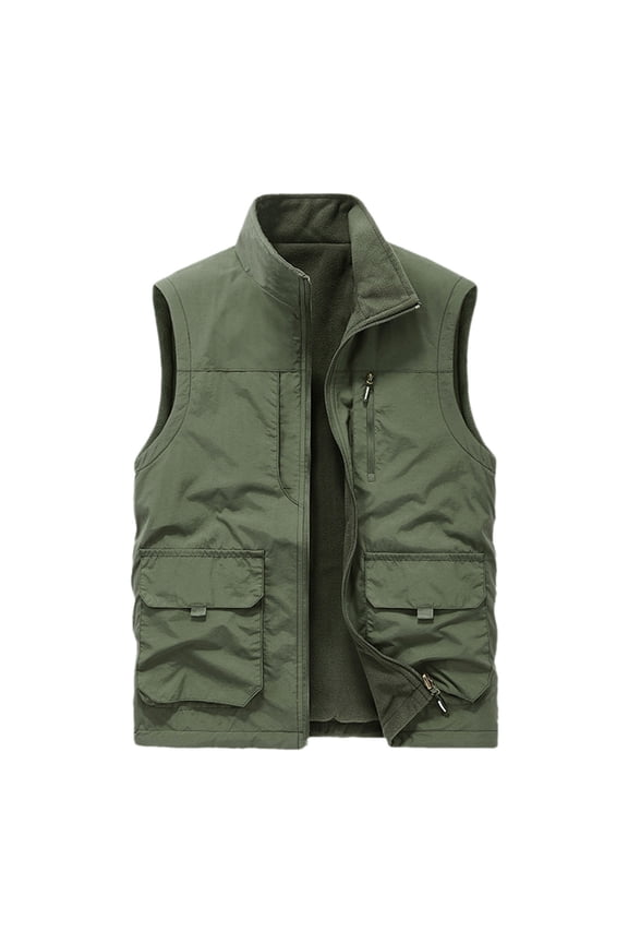 Men Outerwear Vests Autumn Winter Wear Double Plush Solid Sleeveless Thickened Zipper Vest Warm Outdoor Standing Collar Baggy Jacket Casual Tops