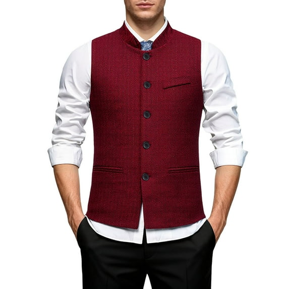 VNKIDY Men Outerwear Vests Classic Retro Stand Collar Sleeveless Vest Solid Color Button Gilet For Formal Casual Layered Vest Garment Athletic Outerwear