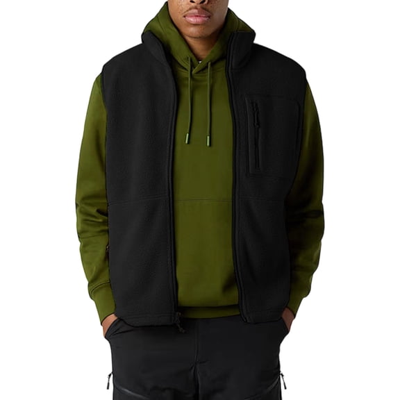 VNKIDY Men Outerwear Vests Plush Interior Solid Color Stand Collar Warm Lightweight Vest Sleeveless Full Zipper Gilet For Hiking Camping Casual Wear Trendy Outerwear