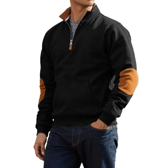 VNKIDY Men Stand Collar Plush Sweatshirt Zipper Front Patchwork Design Casual Athletic Pullover Jacket Fall Winter Male Long Sleeve Solid Color Autumn Streetwear Soft