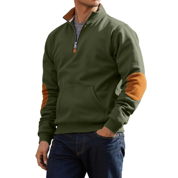 VNKIDY Men Stand Collar Plush Sweatshirt Zipper Front Patchwork Design Casual Athletic Pullover Jacket Fall Winter Male Long Sleeve Solid Color Autumn Streetwear Relaxed Fit