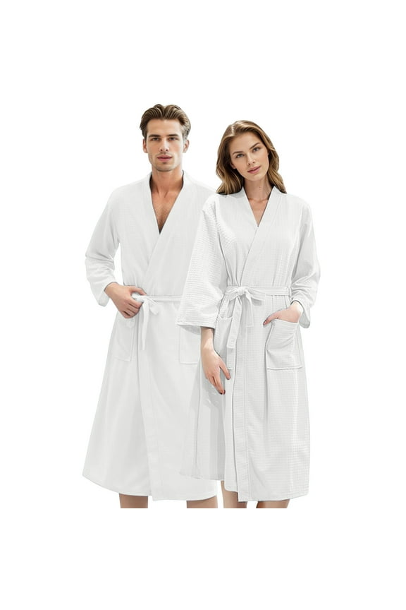 Men Women Couple Solid Color Waffle Weave Robes Long Sleeve Lightweight Bathrobes For Daily Loungewear Bath Relaxation Relaxed Fit Robe