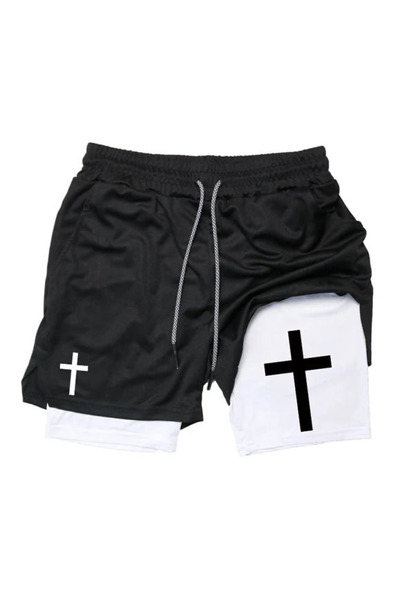 Men's Beach Shorts Double-Layer Athletic Shorts Cross Print Elastic Drawstring Waist Breathable Quick Dry Shorts For Summer Gym Daily Wear Classic Bottoms