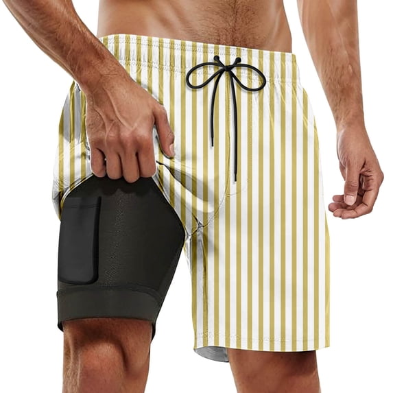 VNKIDY Men's Beach Shorts Summer Color Block Stripe Print Swim Trunks With Built-In Liner Elastic Drawstring Waist Quick Dry Shorts For Beach Vacation Wear Versatile Bottoms