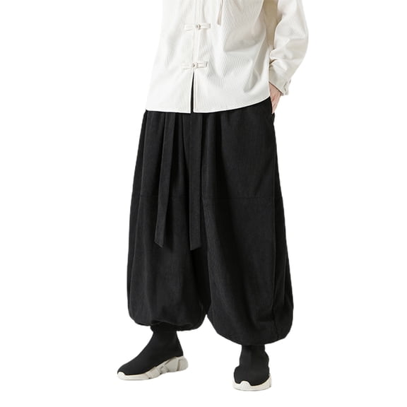 VNKIDY Men's Casual Pants Solid Color Corduroy Harem Pants Traditional Tie Detail Loose Fit Elastic Waisted Trousers For Retro Street Fashion Style Soft Pants