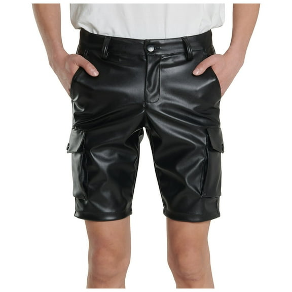 VNKIDY Men's Casual Shorts Solid Color Leather Cargo Shorts Multiple Pocket Design Regular Fit Shorts For Edgy Casual Fashion Style Trendy Pants