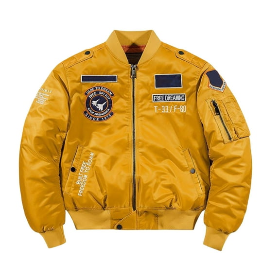 VNKIDY Men's Coat Autumn Winter Bomber Jacket With Patch Embroidery Long Sleeve Zipper Front Versatile Coat For Casual Daily Streetwear Activities Trendy Outerwear