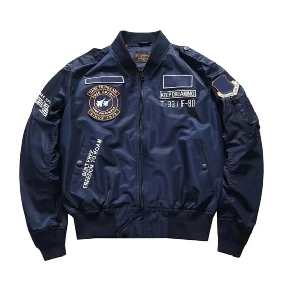 VNKIDY Men's Coat Autumn Winter Bomber Jacket With Patch Embroidery Long Sleeve Zipper Front Versatile Coat For Casual Daily Streetwear Activities Trendy Outerwear