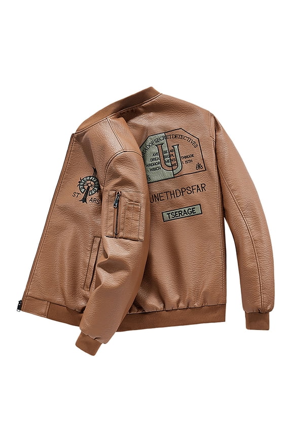 Men's Coat Autumn Winter Leather Bomber Jacket With Patch Embroidery Long Sleeve Zipper Pocket Ribbed Trim Coat For Casual Daily Streetwear Activities Warm Outerwear