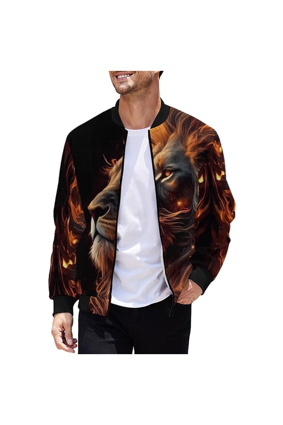 Men's Coat Autumn Winter Lion Print Bomber Jacket Long Sleeve Zipper Crewneck Coat For Casual Daily Streetwear Activities Casual Outerwear