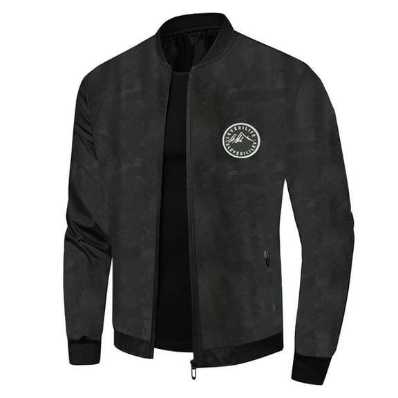 VNKIDY Men's Coat Autumn Winter Solid Color Camo Print Bomber Jacket With Patch Long Sleeve Zipper Casual Trendy Style Coat For Casual Daily Streetwear Activities Soft Outerwear