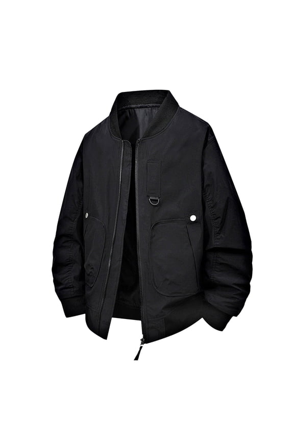 Men's Coat Autumn Winter Solid Color Canvas Bomber Jacket With Zipper Front Long Sleeve Thermal Versatile Coat For Casual Daily Streetwear Activities Versatile Outerwear