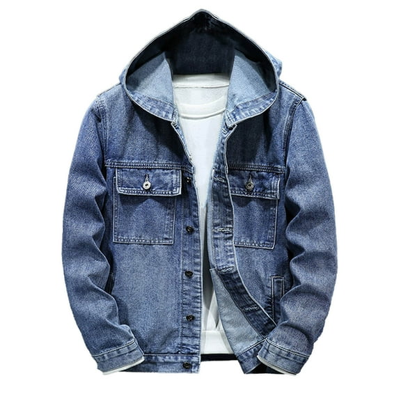 VNKIDY Men's Coat Autumn Winter Solid Color Denim Hooded Jacket With Button Front Long Sleeve Casual Timeless Style Layered Coat For Casual Daily Activities Classic Outerwear