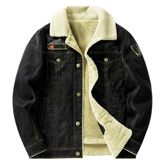 VNKIDY Men's Coat Autumn Winter Solid Color Denim Plush Lined Jacket With Patch Long Sleeve Button Front Retro Casual Style Warm Coat For Casual Daily Streetwear Activities Casual Outerwear