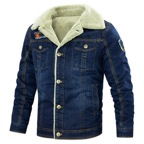 VNKIDY Men's Coat Autumn Winter Solid Color Denim Plush Lined Jacket With Patch Long Sleeve Button Front Retro Casual Style Warm Coat For Casual Daily Streetwear Activities Stylish Outerwear