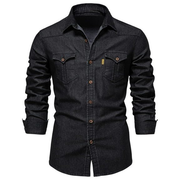 VNKIDY Men's Coat Autumn Winter Solid Color Denim Shirt Jacket With Bust Pockets Long Sleeve Button Front Versatile Coat For Casual Daily Streetwear Activities Stylish Outerwear