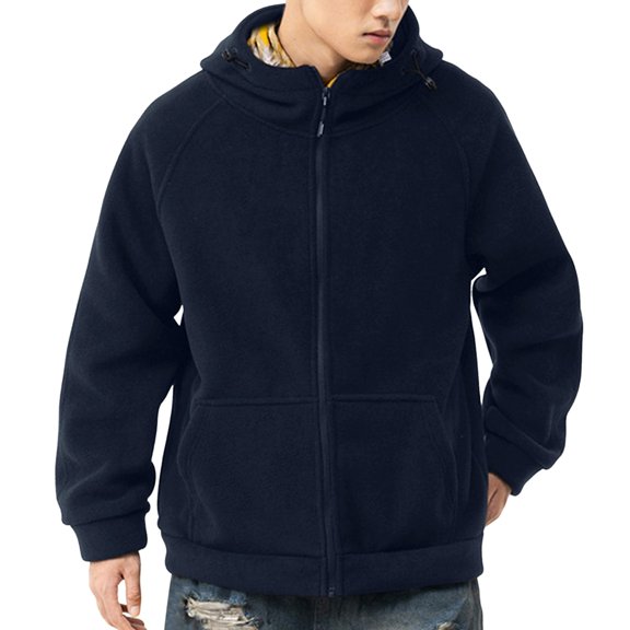 VNKIDY Men's Coat Autumn Winter Solid Color Full Zip Plush Hoodie With Kangaroo Pocket Long Sleeve Relaxed Fit Street Style Coat For Casual Daily Streetwear Activities Relaxed Fit Outerwear