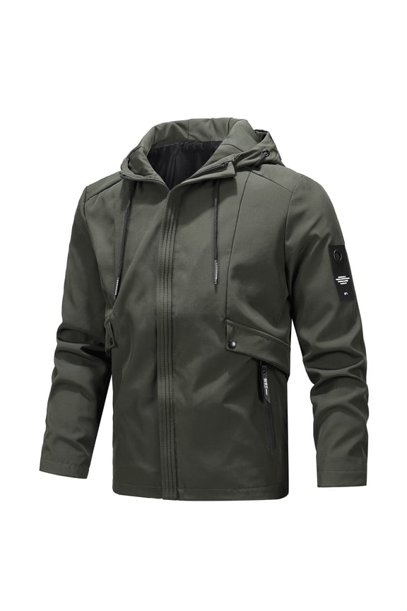 Men's Coat Autumn Winter Solid Color Hooded Jacket With Utility Patch Long Sleeve Zipper Relaxed Fit Warm Coat For Casual Daily Streetwear Outdoor Activities Warm Outerwear