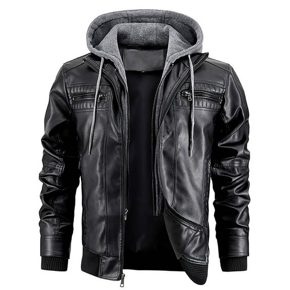 VNKIDY Men's Coat Autumn Winter Solid Color Leather Jacket With Detachable Hood Long Sleeve Zipper Ribbed Trim Warm Coat For Casual Daily Streetwear Activities Versatile Outerwear