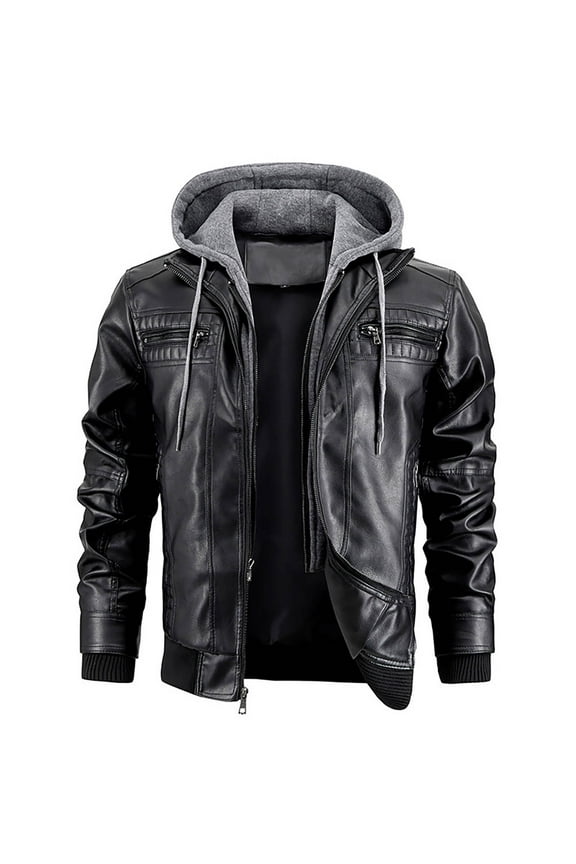 Men's Coat Autumn Winter Solid Color Leather Jacket With Detachable Hood Long Sleeve Zipper Ribbed Trim Warm Coat For Casual Daily Streetwear Activities Classic Outerwear