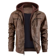 VNKIDY Men's Coat Autumn Winter Solid Color Leather Jacket With Detachable Hood Long Sleeve Zipper Ribbed Warm Coat For Casual Daily Streetwear Activities Soft Outerwear