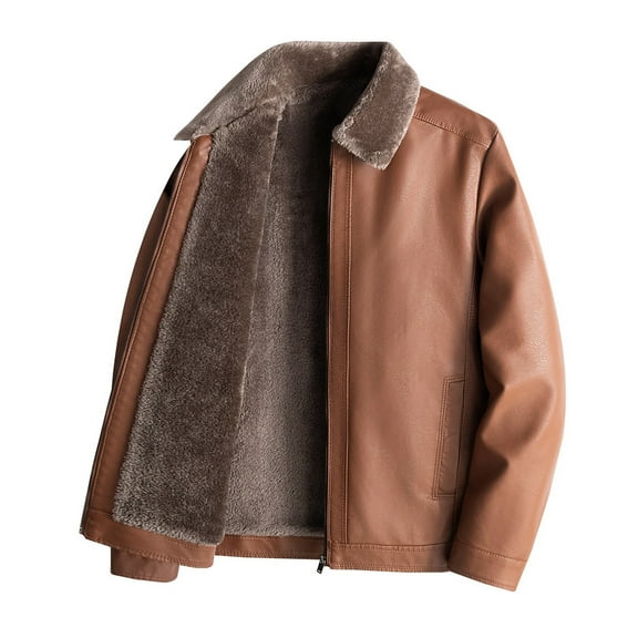 VNKIDY Men's Coat Autumn Winter Solid Color Leather Jacket With Plush Lining Collared Long Sleeve Zipper Warm Outerwear For Casual Daily Cold Weather Wear Activities Warm Outerwear